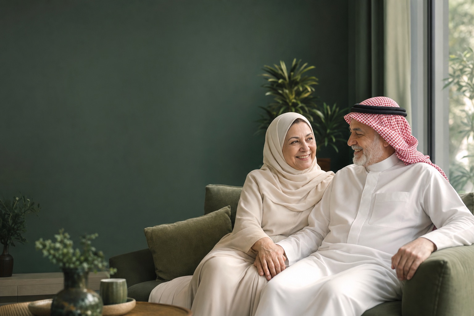 زوجان مسنّان يجلسان في المنزل في أجواء هادئة ومطمئنة